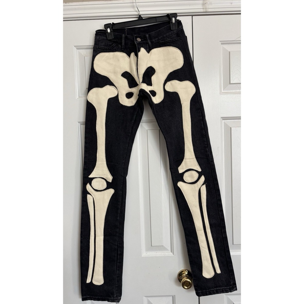 MNML Jeans Mens 28 Black Skeleton Bone Applique Denim Streetwear Goth Pants
